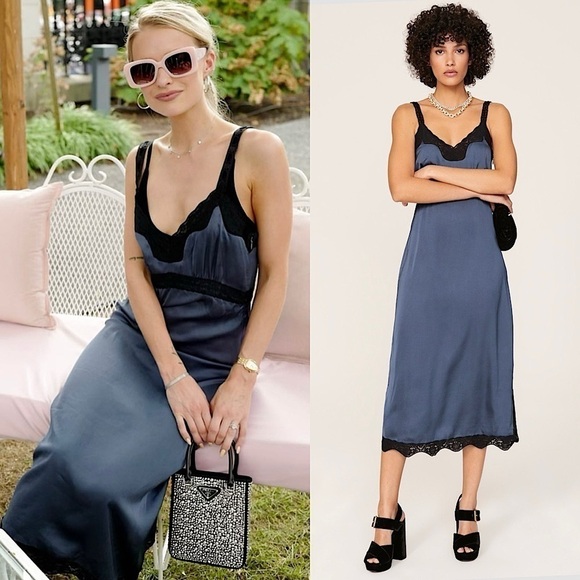 LOVESHACKFANCY Satin & Lace Sleeveless Empire Waist Babydoll Midi Slip Dress 8 - Picture 1 of 8